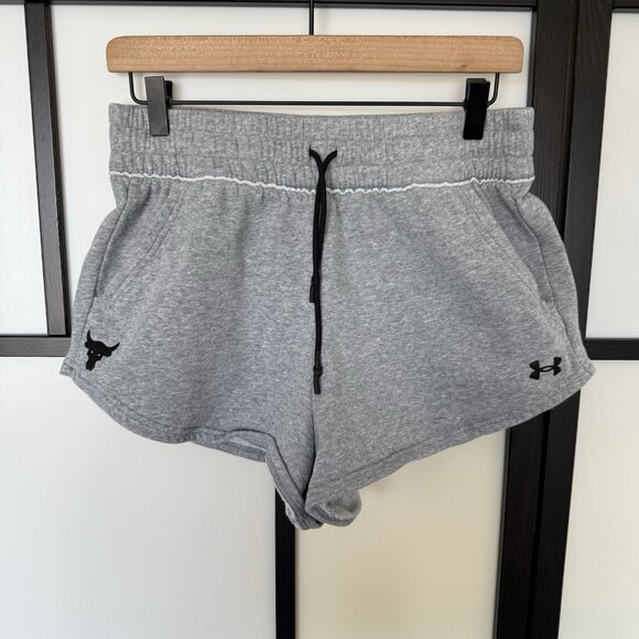Under Armour Project Rock Fleece Sweat Shorts Drawstring Logo Gray Size M Women - Picture 2 of 13